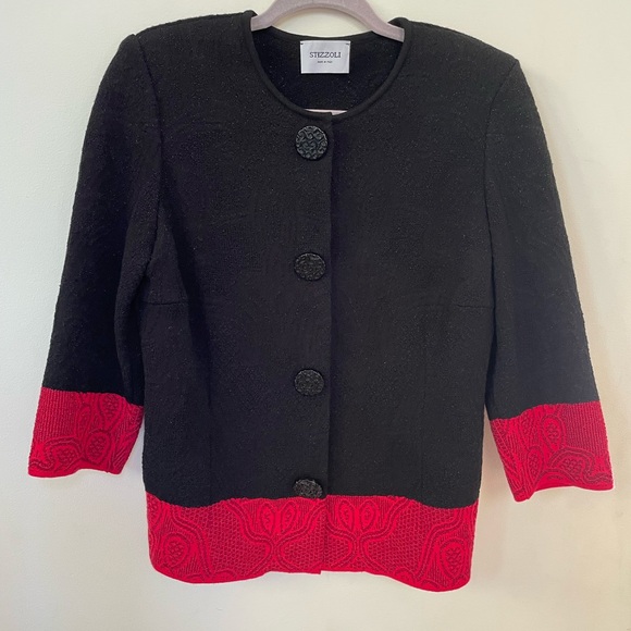 EUC SZ 14 RED/BLACK WOOL JACKET KNIT IN ITALY BY DESIGNER STIZZOLI GORGEOUS! - Picture 1 of 9